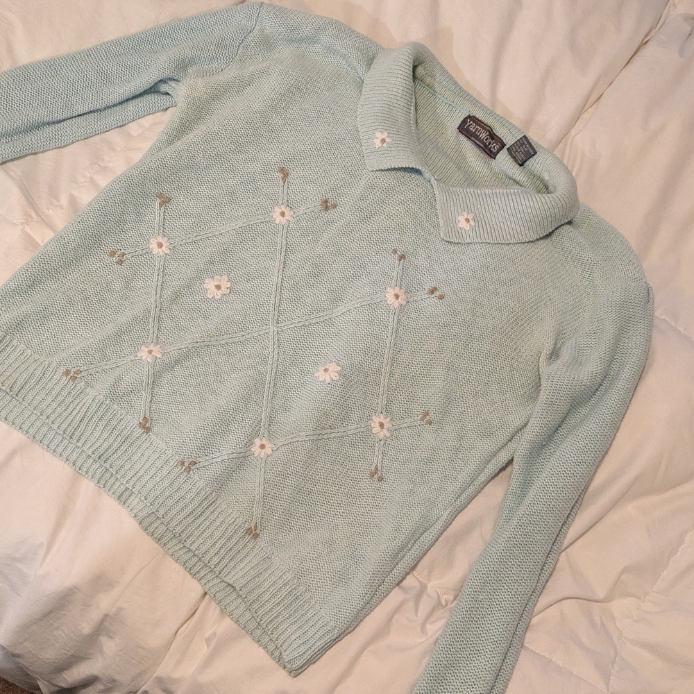 Elegant Light Blue Floral Cowl Neck Sweater